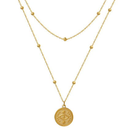 Fashion Simple Design Necklace Stainless Steel Plated 18k Gold Double Round Pendant Necklace