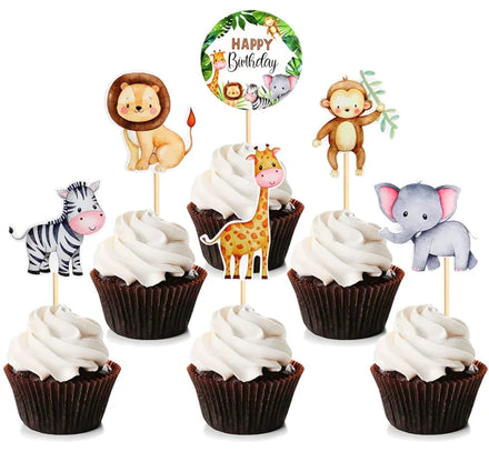 Safari Animal Cupcakes Toppers Birthday Cakes Decor for Kids Wild Jungle Animal Theme Birthday Baby Shower Event Party Supplies
