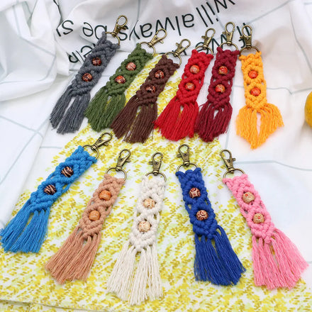 New Sezzle Cotton String Woven Keychain with Wooden Bead and Hand Woven Rope Charm 18x2.5cm