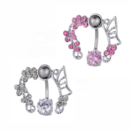 Stainless Steel Hollow Butterfly Flower Navel Rings Reversed Navel Button Ring Zircon Spray Belly Ring Body Belly Jewelry