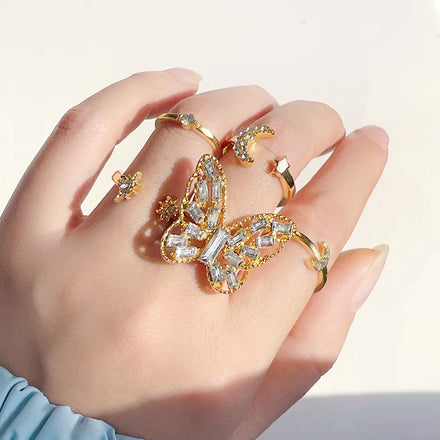 Wholesale 5Pcs/Set Inlaid Diamond Moon Butterfly Finger Rings Women Sparkle Rhinestone Crystal Vintage Ring Set Jewelry