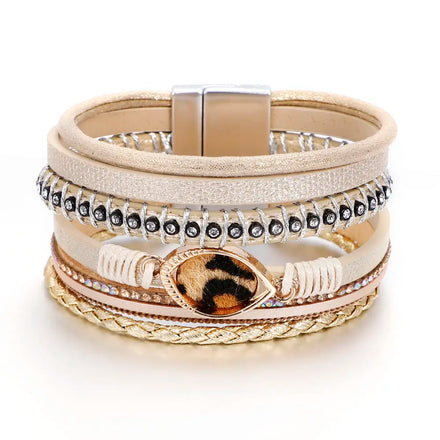 Handwoven Multi-layer Leather Eye Leopard Print Bracelet Ladies Watch with Alloy Magnetic Buckle Bracelet Jewelry Design