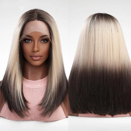 Japan Silk 13x1x5 lace wig straight hair piece dark hair roots light blonde female to brown lace wig medium parting women