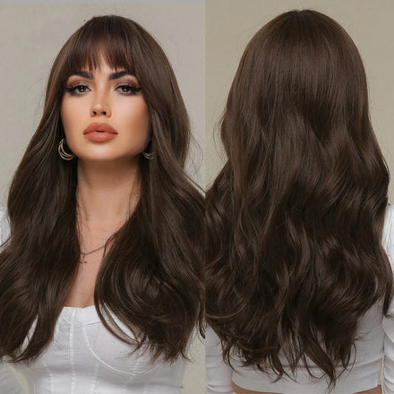 Fast Delivery Synthetic Long Brown Wigs Natural Blond Wavy Hair Wig for Women Orange-brown Wigs with Bangs