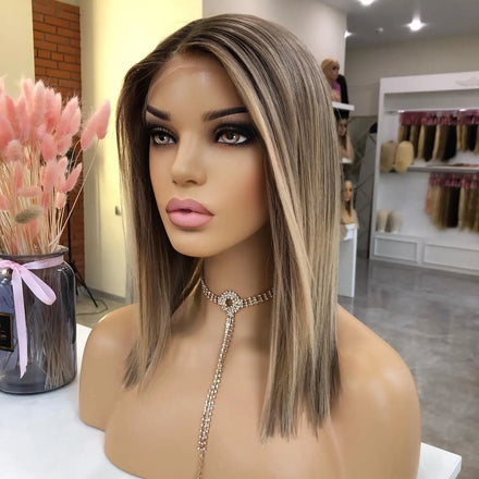 Transparent 360 Lace Bob Wig Cuticle Aligned Natural Hairline Highlights Brown Giueless HD Lace Front Wig