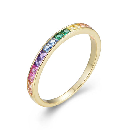 Fashion Jewelry 925 Sterling Silver Rainbow Colorful Diamond Rings Square Zircon Gold Plated Rings for Women Couple Ring