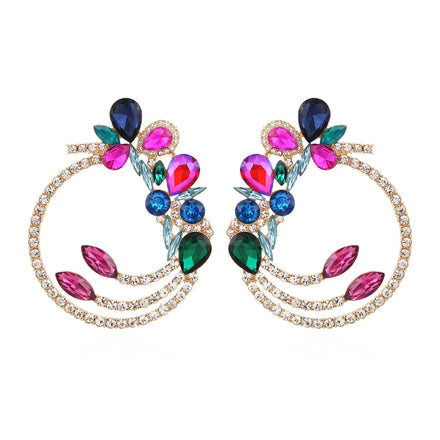 2023 Valentines Days Luxury Style Colorful Diamond Flower Earrings Personality Creativity Hollow Round Alloy Diamond Earrings