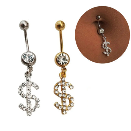 Surgical Stainless Steel Dollar Sign Belly Button Ring Luxury Belly Rings Rhinestone Body Piercing Jewelry