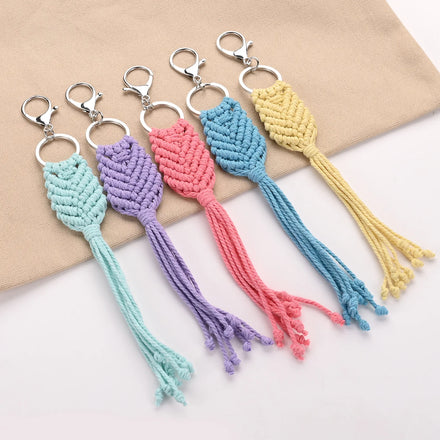 New Handwoven Cotton String Pendant Bag Charm Hand Craft Woven Key Ring Macrame Keychain Tassel Alloy