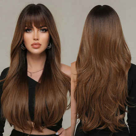 Factory Fast Delivery Synthetic Ombre Black to Brown Wigs Natural Blond Wavy Hair Wig for Women Orange-brown Wigs with Bangs