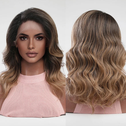Factory Fast DeliverySynthetic T-part Lace Wigs Wavy Ombre Black to Brown Lace Wig Fashion Side Part Nature Hair Wig for Women
