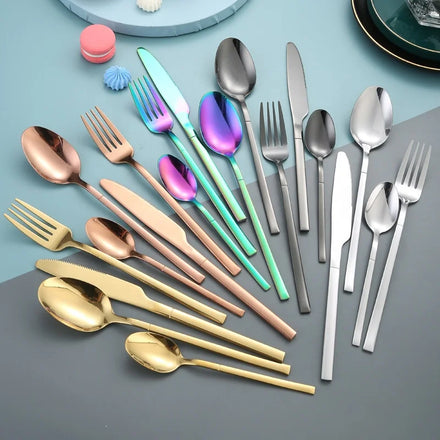 Nordic Style Hotel Cutlery Set of 4 Stainless Steel Square Handle Rainbow Flatware Set