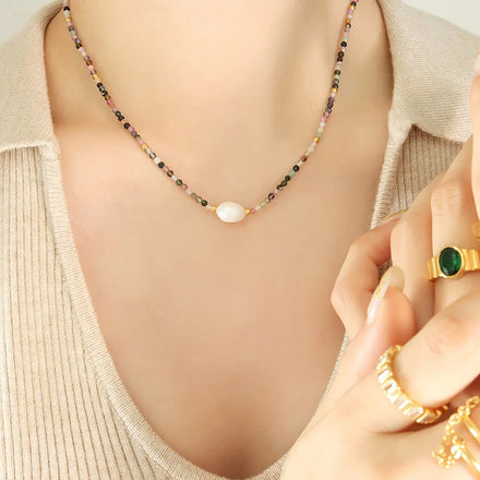 New Design Small Natural Stone Tourmaline Stainless Steel Beads Freshwater Pearl Gemstone Choker Necklace P1384