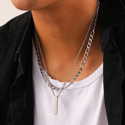 High Polished Hip Hop Men Double Layer Non Tarnish Stainless Steel Blank Custom Logo Vertical Bar Pendant Necklace for Men