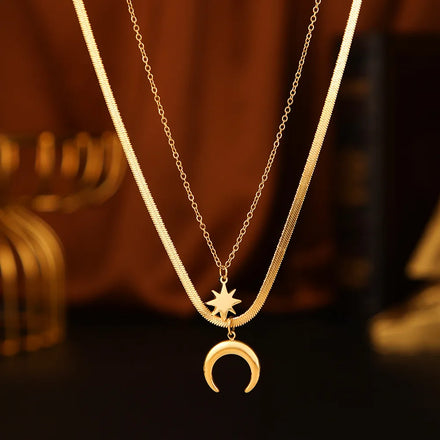 YF3225 Stainless Steel Jewelry 14K Gold Plated Layering Necklace Double Layer Flat Snake Chain Star and Moon Pendant Necklace