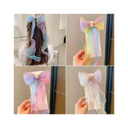 Children's Bowknot Ribbons Hair Clips with Braided Pearl Tassel Girl's Accessory Hairpin for Hair Styling