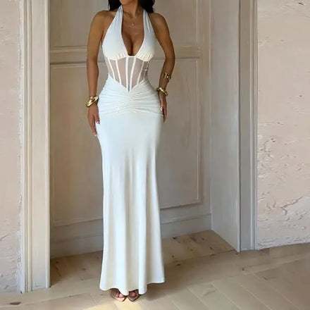 Women Halter Deep V Sheer Mesh Corset Maxi Dress Ruched Waist Bodycon Mermaid Long White Evening Party Dress