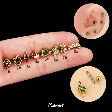 POENNIS Mini Animal Stud Earrings Zircon Stainless Steel Gold Plated Frog Snake Design for Women Party Gift