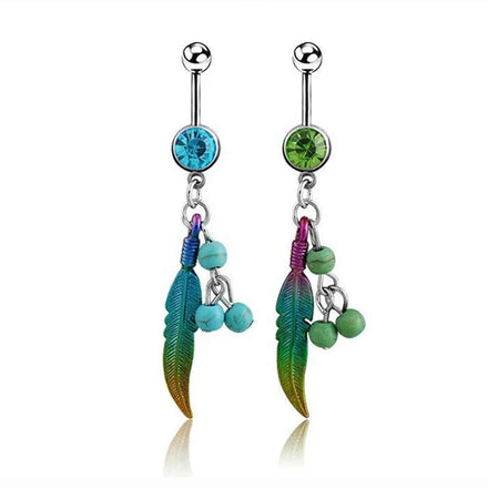 Anti-allergy Stainless Steel Bent Bar Dream Catcher Belly Piercing Jewelry Leaf Shape Navel Ring for Women and Girls Gift