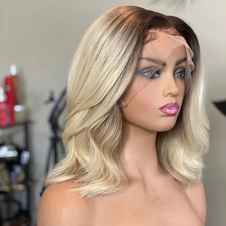 Dark Hair Root Highlights Blonde Body Wave 100% Virgin European Hair Bob Wig Cuticle Aligned HD Lace Front Wig