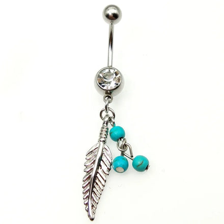 New Design Trend Alloy Feather Resin Beads Belly Button Ring Dangling Shiny Crystal Navel Ring Piercing Jewelry for Women