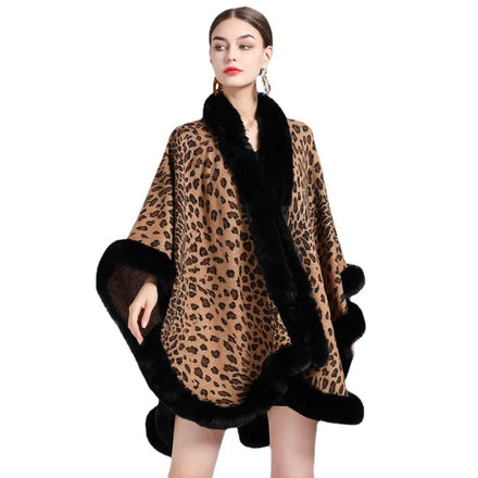 Source Factory Wholesale New Leopard-Print Faux Fur Shawl Poncho Jacquard Capes and Cardigan Coats