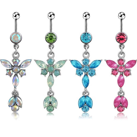 Stainless Steel Women Body Piercing Jewelry Navel Studs Crystal Stone Butterfly Shaped Zircon Hanging Belly Ring