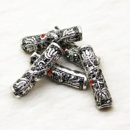 Wholesale DIY Tibetan Silver Curved Tube Beads with Rhinestone for Jewelry Making Plated Silver Color 8*28mm 1451560