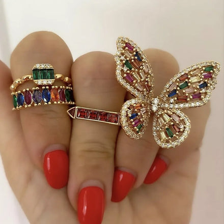 Ins Luxury 18k Real Gold Plated Big Pink Butterfly Rings Colorful Bling Full Rhinestone Crystal Butterfly Ring for Women