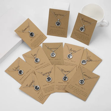 Birthday Gift Girls Natural Gemstone Zircon Silver 12 Zodiac Astrology Star Sign Horoscope Coin Card Necklace for Women