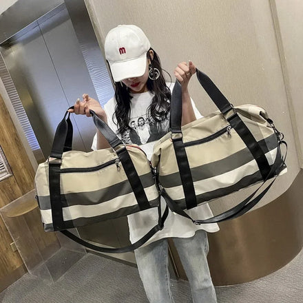 Fashion 2 Sizes Stripes Large Color Block Handle Zipper Dry Wet Pocket Waterproof Removable Shoulder Strap Gym Travel Tote Bag