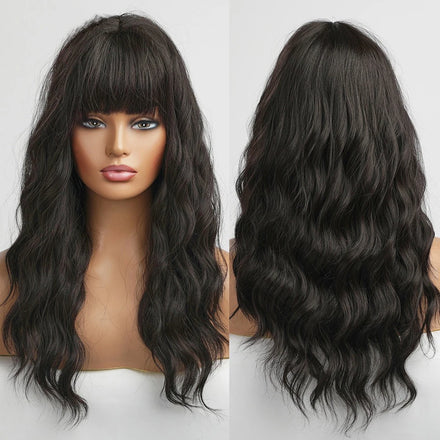 Fast Delivery Synthetic Black Wigs Natural Heat Resistant Wavy Wigs for Women Long Body with Bangs Hair Wig