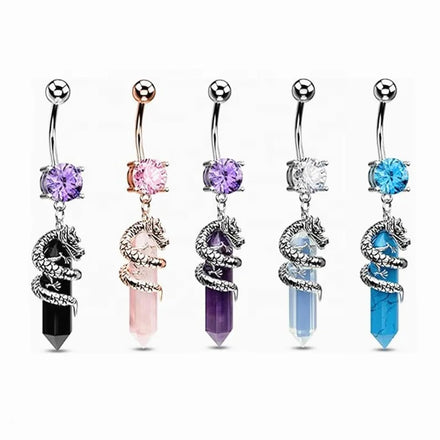 316 Stainless Steel Barbell Natural Lucky Stone Belly Ring Piercing Hexagonal Prism Crystal Dragon Navel Button Rings