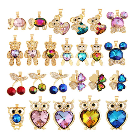 Bear Mouse Elephant Owl Clover Cherry Transparent Crystal Glass Charm Pendant Animal Jewelry Craft Necklace Making Supplies M45