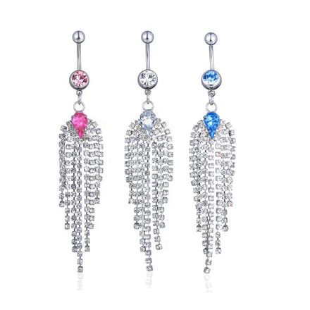 Stainless Steel Bead Link Color Rhinestone Teardrop Belly Button Rings Waterdrop Crystal Chain Tassels Navel Ring
