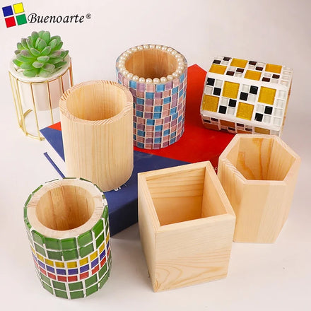 Buenoarte Eco-Friendly Modern DIY Pen Container Base Wood Mosaic Tile Creative Hobbies Painting Decoration Craft Room 8x10cm