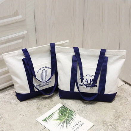 Custom Logo Eco-Friendly Cotton Canvas Tote Bag Recyclable Silk Screen Printed Zipper Closure Custom Size Office Study Shopping