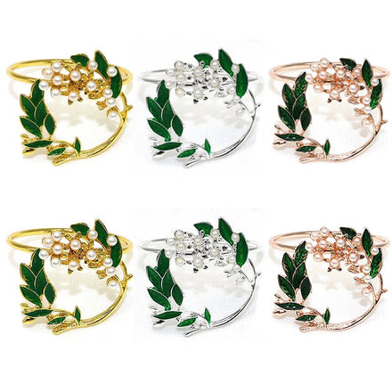 Ychon Metal Wedding Napkin Rings with Pearl Design Modern Style Shinny Green Plant Table Decoration