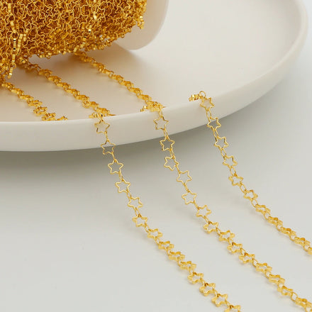 18K Gold Plated Brass Loose Chains Hollow Out Star Chain for Jewelry Making Hollow Heart Chain for Jewelry Finding