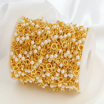 14K & 18K Gold Plated Brass Loose Round Chain with Pearl Bead for Jewelry Making