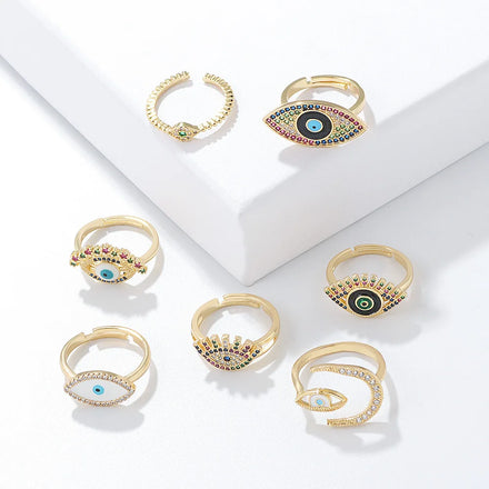 New Arrival Bohemia Adjustable Gold Plated Moon Rings Shiny Colorful CZ Evil Eyes Open Rings for Women Girls