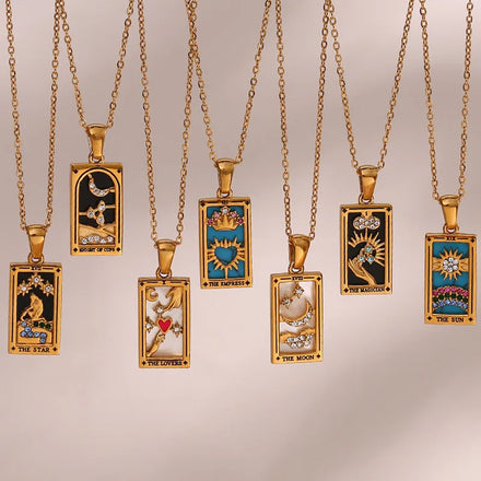 Fashion Jewelry Stainless Steel 18k Gold Plated Enamel Drip Oil Rectangle Waterproof Tarot Card Necklace for Men Women