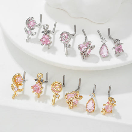 New Zircon Nose Nail Fashion Geometric Personality 18K Gold Plated Piercing L Thin Rod Jewelry Wholesale Nose Studs