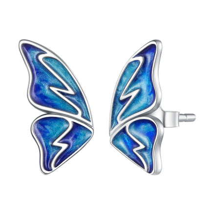 Factory 925 Sterling Silver Butterfly Wing Stud Earrings Women Blue Oil Painting Ear Studs Clips Unique Fashion Jewelry SCE1559