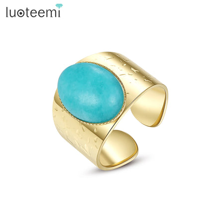 LUOTEEMI Geometric Dainty Gem Matching Big Oval Turquoise Statement Large Designed Fashion Ring Stainless Steel