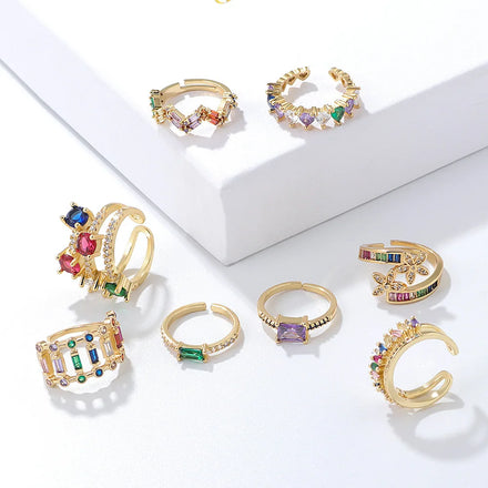 Hot Selling Bohemia Rainbow CZ Heart Open Rings Adjustable Multi Color Cubic Zirconia Flower Rings for Women Girls