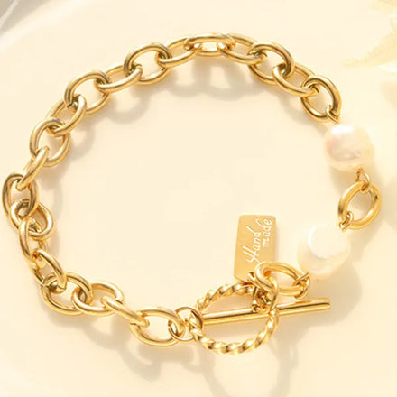 Wholesale Custom Dainty 18k Gold Plated Stainless Steel Fresh Water Pearl Jewelry Natural Freshwater Pearl OT Buckle Bracelet