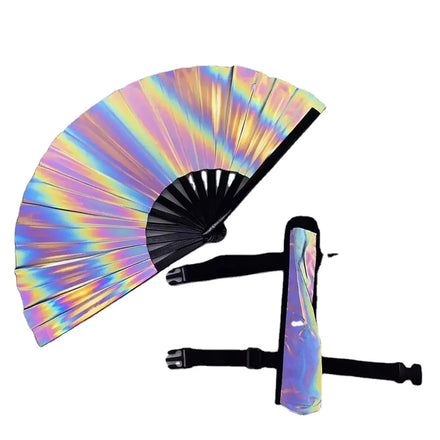 FAREA New Style Flash Large Bamboo Hand Fan with Holographic Iridescence Bag Customized Color Printed Portable Wedding Fan