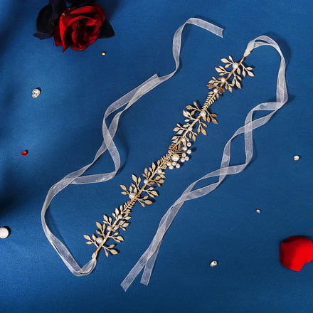 Handmade Gold Leaves Bridal Hair Vine Accessories Bling Prom Wedding Bridesmaid Pearl Headpiece for Women