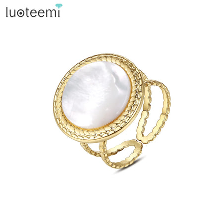 LUOTEEMI Gold Plated Woman Finger Metal Trendy Big Round Open Shell Vintage Adjustable Ring Stainless Steel